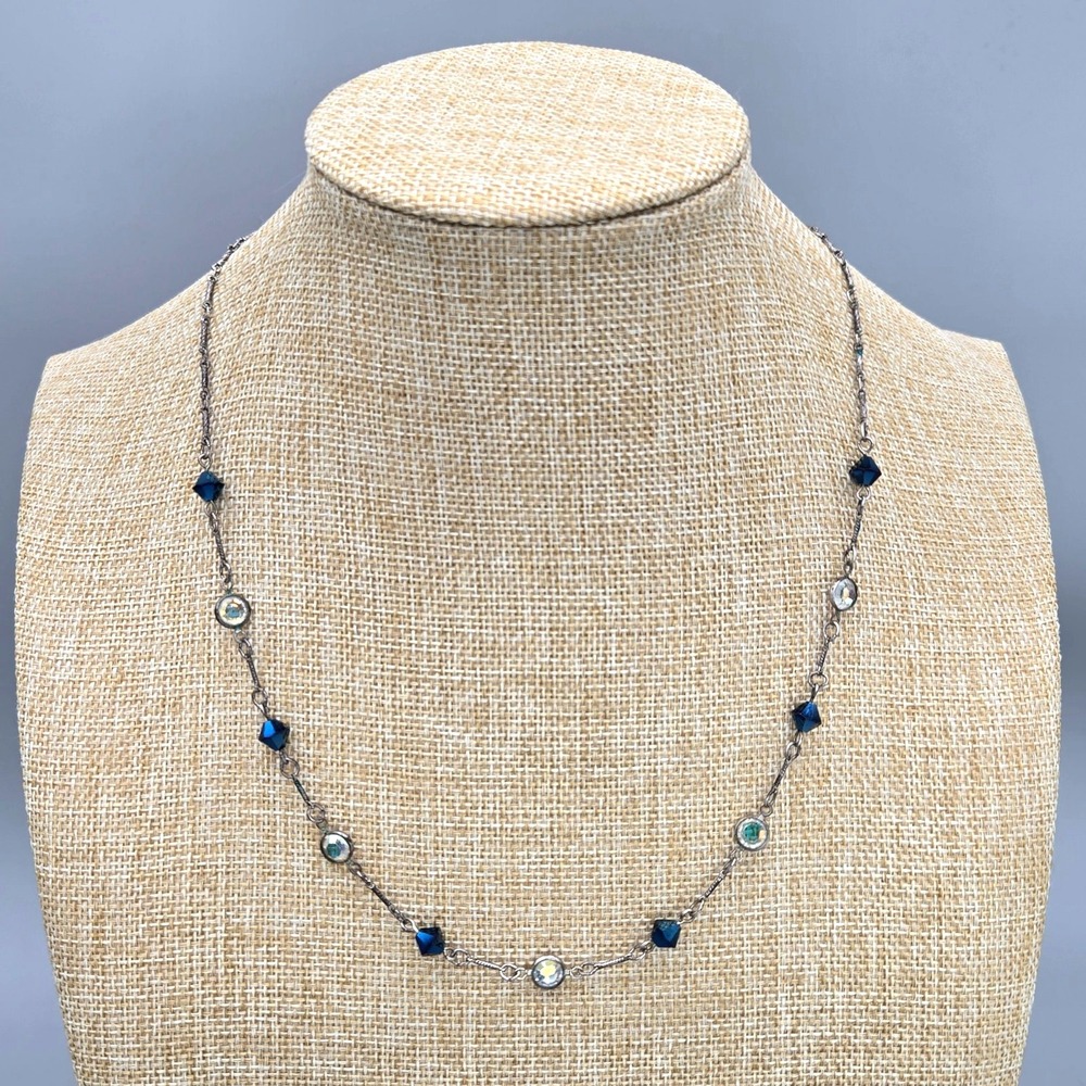 Blue & Silver Swarovski Crystal Necklace Adjustable 17-20" Elegant Jewelry